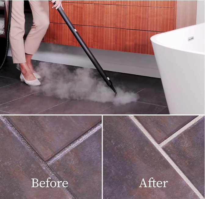 Before and after grout cleaning results using the Dupray Neat Steam Cleaner on tile flooring.