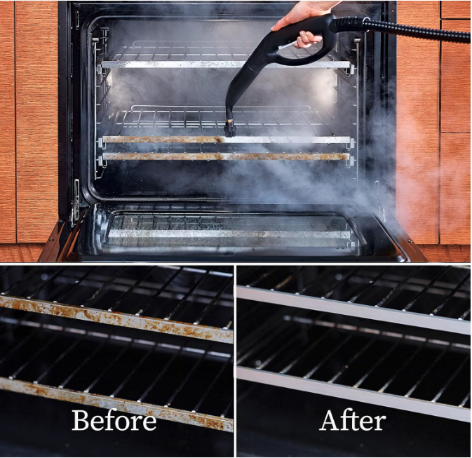 Dupray Neat Steam Cleaner removing grease from oven racks with steam, shown in before and after results.