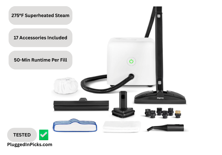 Dupray Neat Steam Cleaner 17-piece kit with superheated steam at 275 degrees Fahrenheit for chemical-free whole-home cleaning