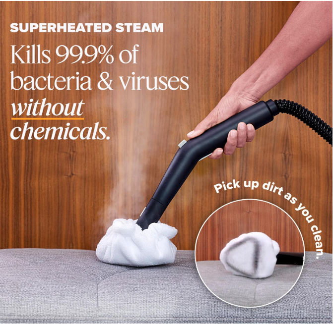 Dupray Neat Steam Cleaner using superheated steam to sanitize fabric surfaces without chemicals.