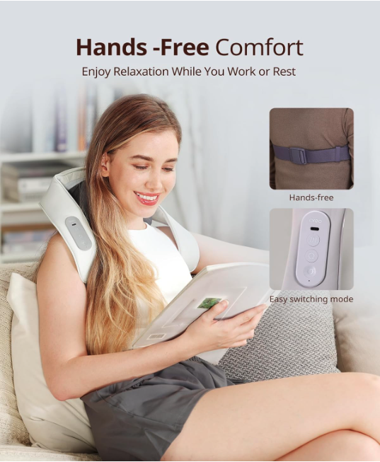 Hands-free shiatsu neck massager with adjustable strap and easy one-touch mode controls for comfortable daily use.