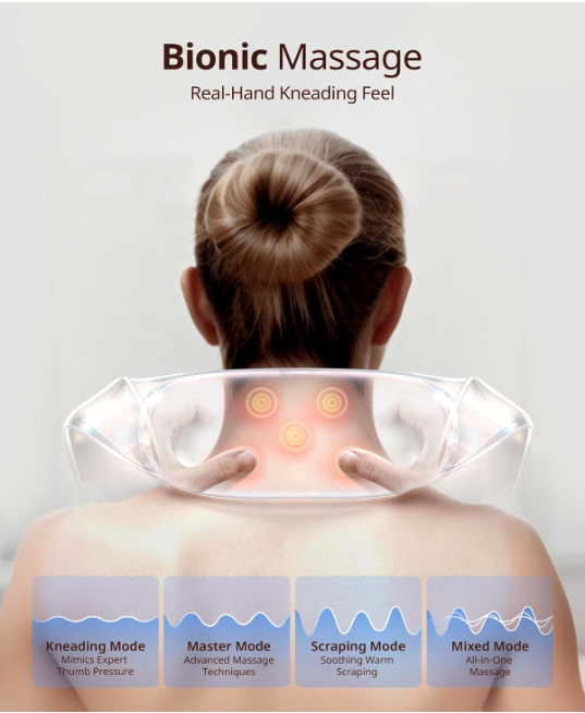 Real-hand kneading bionic massage system on a shiatsu neck massager with kneading, master, scraping, and mixed modes.