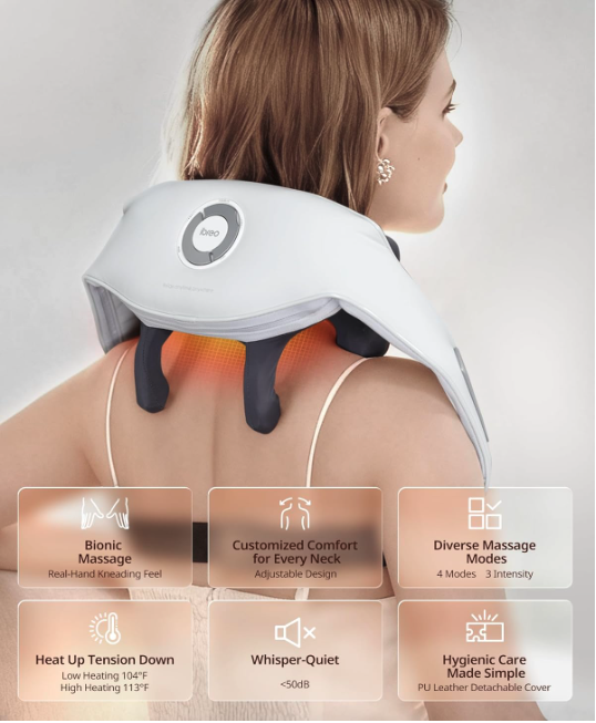 Neck massager showing bionic kneading massage, adjustable fit, and four massage modes with heat for neck and shoulder tension.