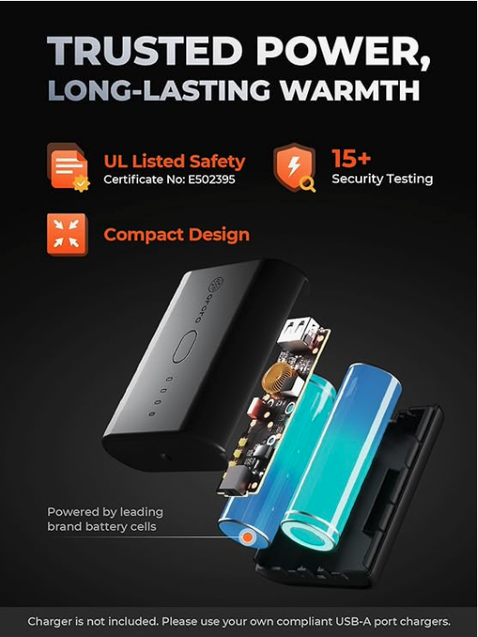 ORORO heated vest rechargeable battery with UL listed safety and compact design