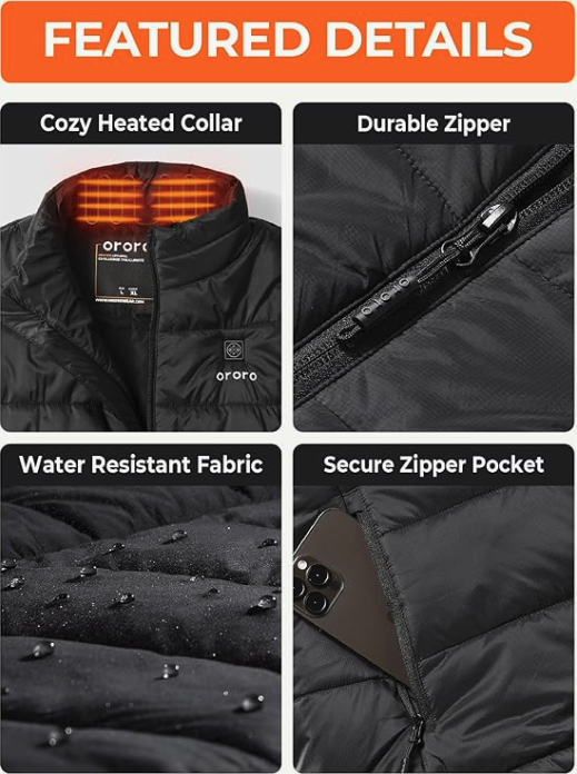 ORORO heated vest showing heated collar, water resistant fabric, zipper, and pocket