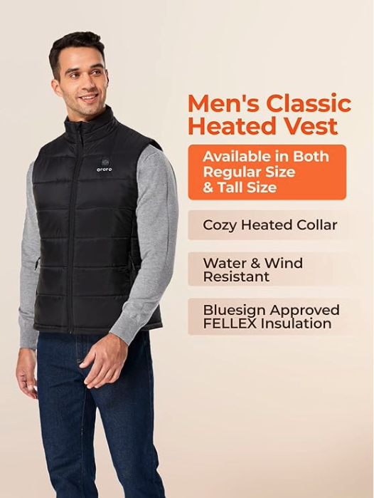 ORORO men’s classic heated vest available in regular and tall sizes