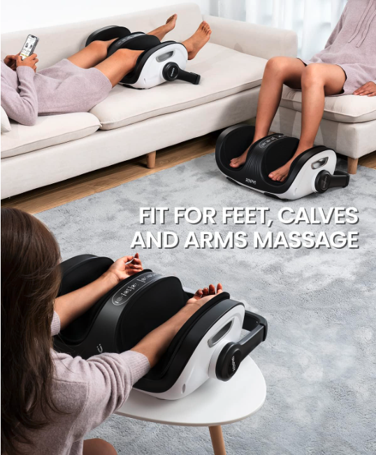 RENPHO foot and calf massager being used on feet calves and arms at home