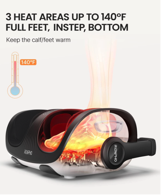 RENPHO foot massager heat therapy showing warming for full foot instep and sole