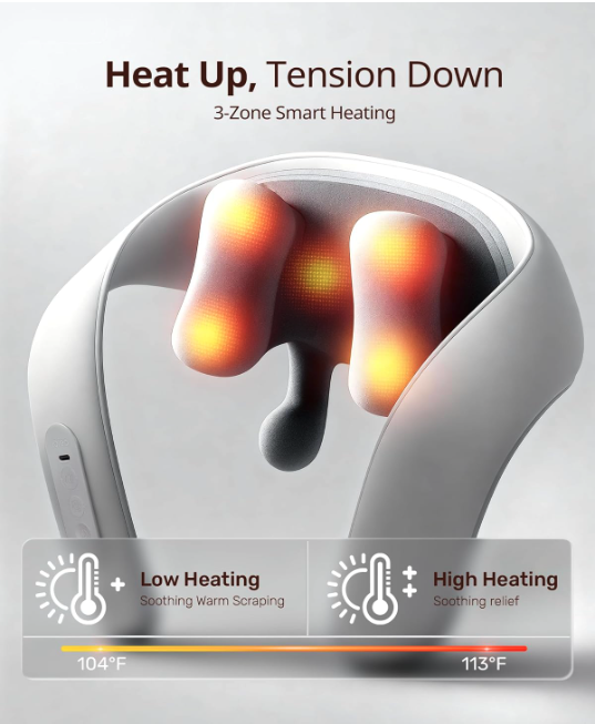 Neck and back massager displaying low and high heating levels with 3-zone smart heat for soothing tension relief.