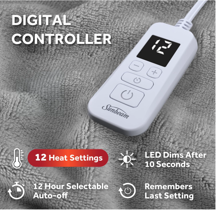 Close up of the Sunbeam Heated Blanket digital controller showing 12 heat settings and LED display