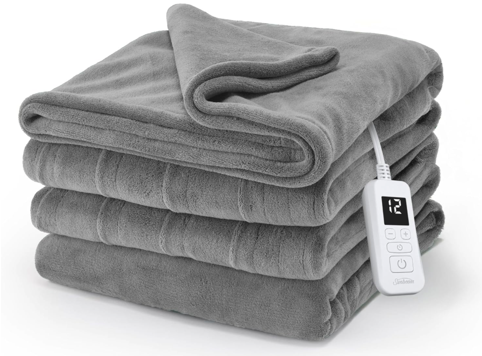 Folded Sunbeam Heated Blanket made with Royal Luxe microplush fabric and digital controller visible