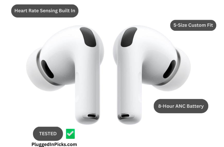 Apple AirPods Pro 3 wireless earbuds showing dual microphone mesh, five-size ear tip system, and stem design on white background