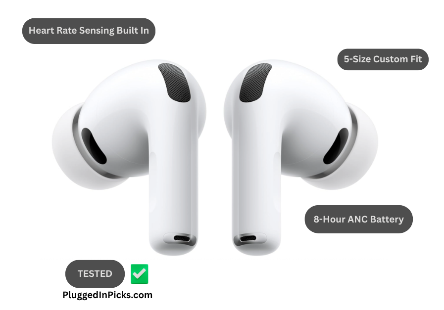 Apple AirPods Pro 3 wireless earbuds showing dual microphone mesh, five-size ear tip system, and stem design on white background