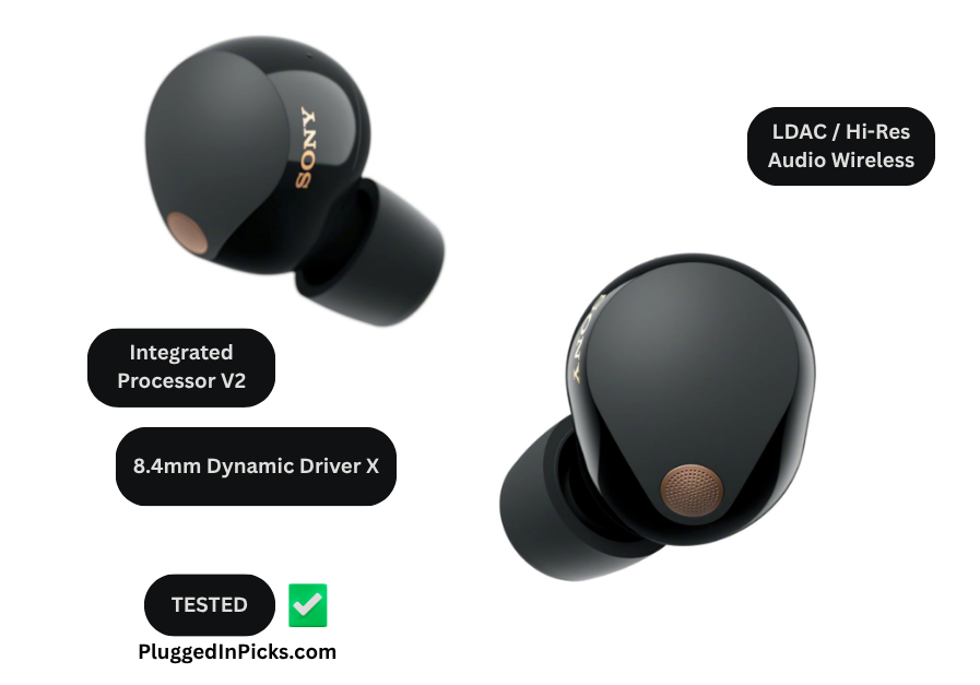 Sony WF-1000XM5 true wireless earbuds in black showing stemless in-ear design and copper Dynamic Driver X