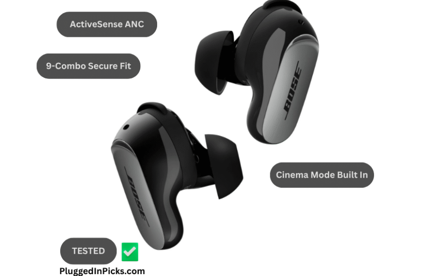 Bose QuietComfort Ultra Earbuds 2nd Gen black wireless noise cancelling earbuds showing stability band fit system and stemless design on white background