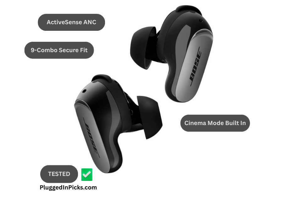 Bose QuietComfort Ultra Earbuds 2nd Gen black wireless noise cancelling earbuds showing stability band fit system and stemless design on white background